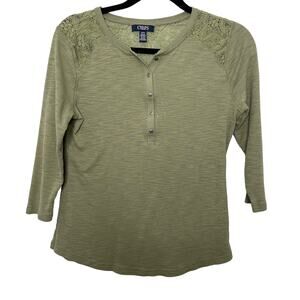 Chaps Henley‎ Long Sleeve Top 1/2 Button Up Lace Shoulder Detail Heather Green M